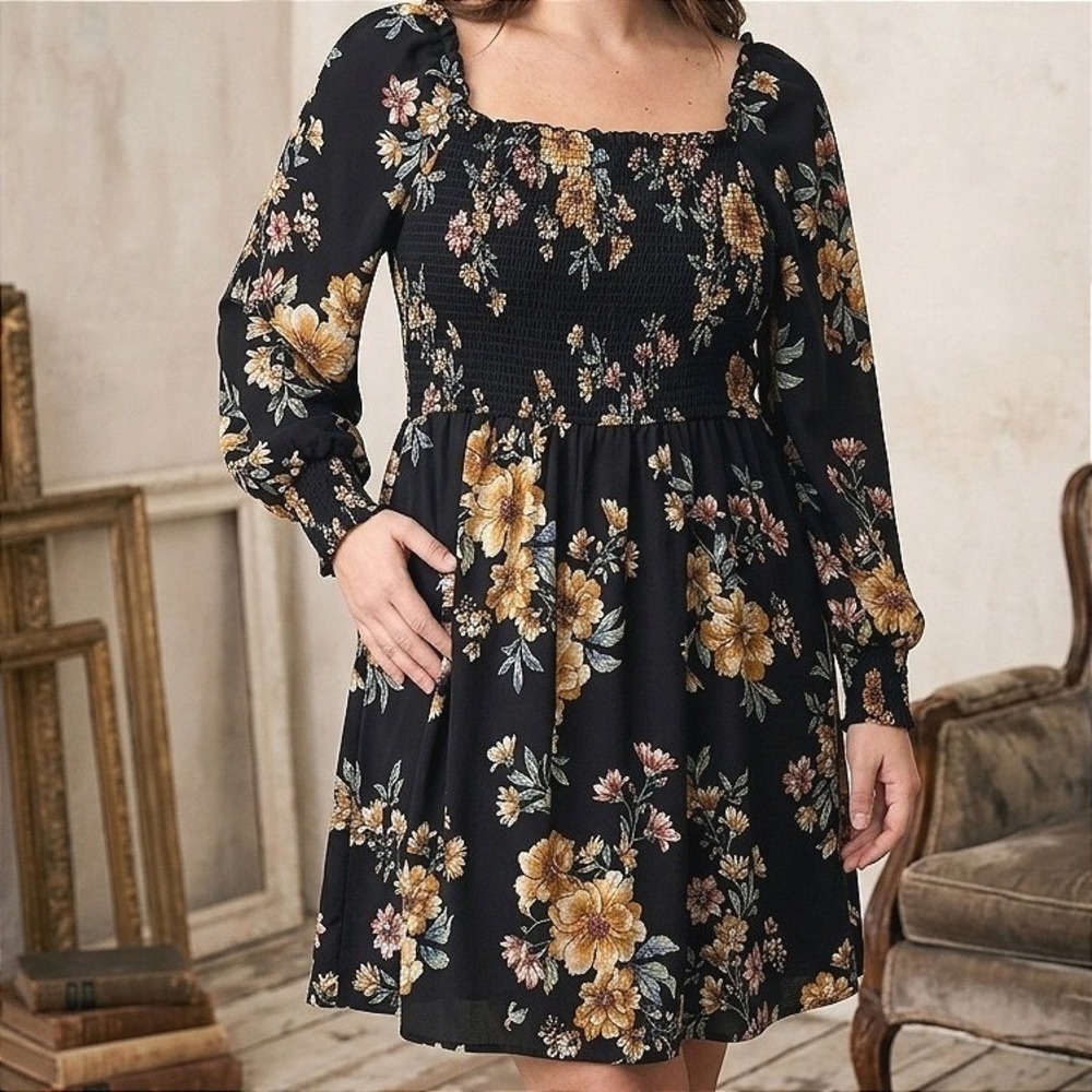 Whimsigoth Dark Floral Boho Romantic Goth Stretchy Smocked Dress *Pockets* XL